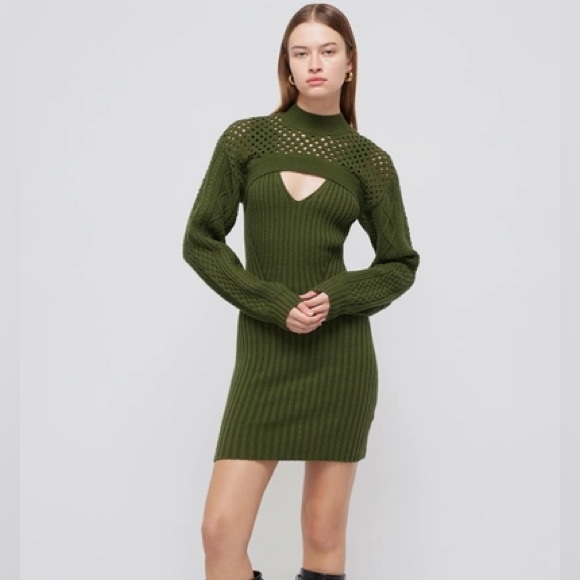 NWT Olive Green Knit Cable Sweater Long Sleeve Cut Out Bolero Mini Dress - Picture 12 of 12